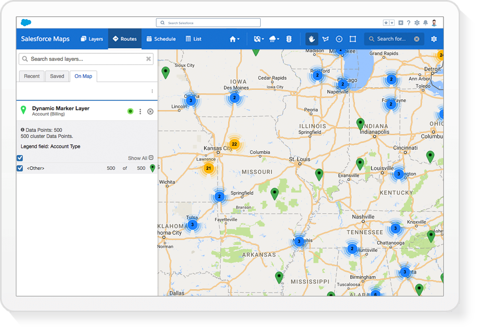 Capture d'écran de Salesforcemaps et de la fonction "visualizing datas"